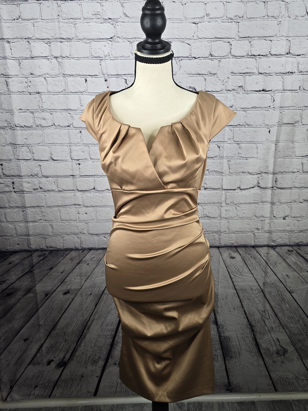 Elegant Taupe Satin Ruched Sheath Dress